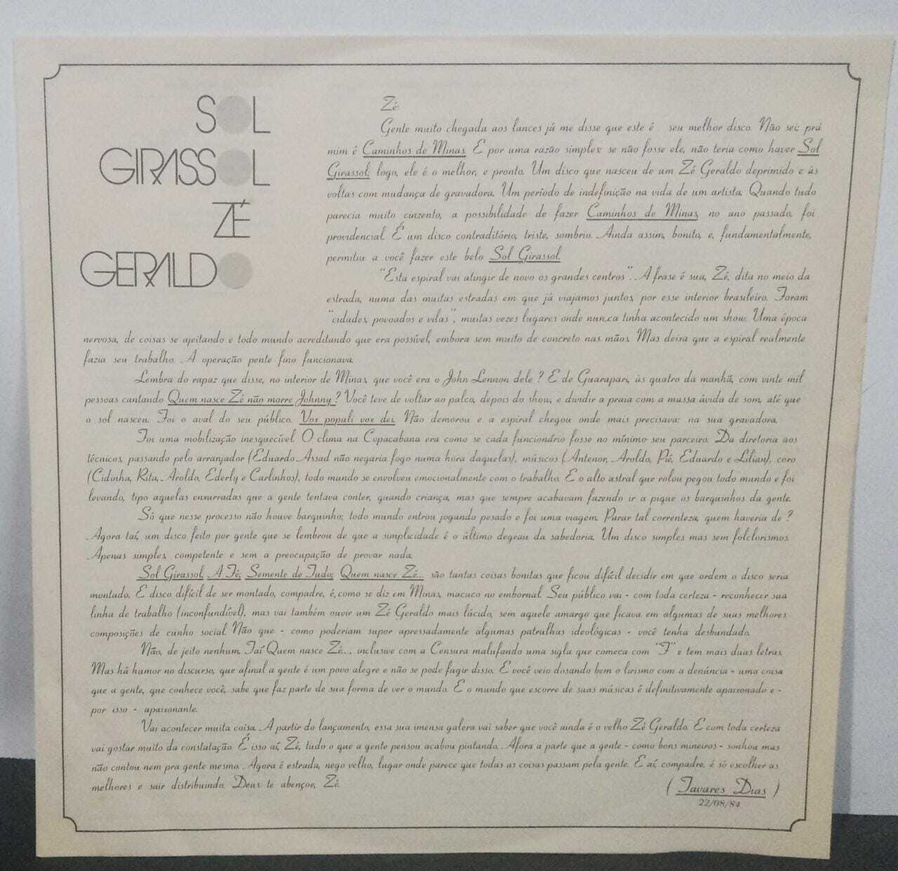 Vinil - Zé Geraldo - Sol Girassol (Autografado)