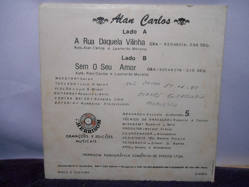 Vinil Compacto - Alan Carlos - A Rua Daquela Vilinha / Sem O Seu Amor