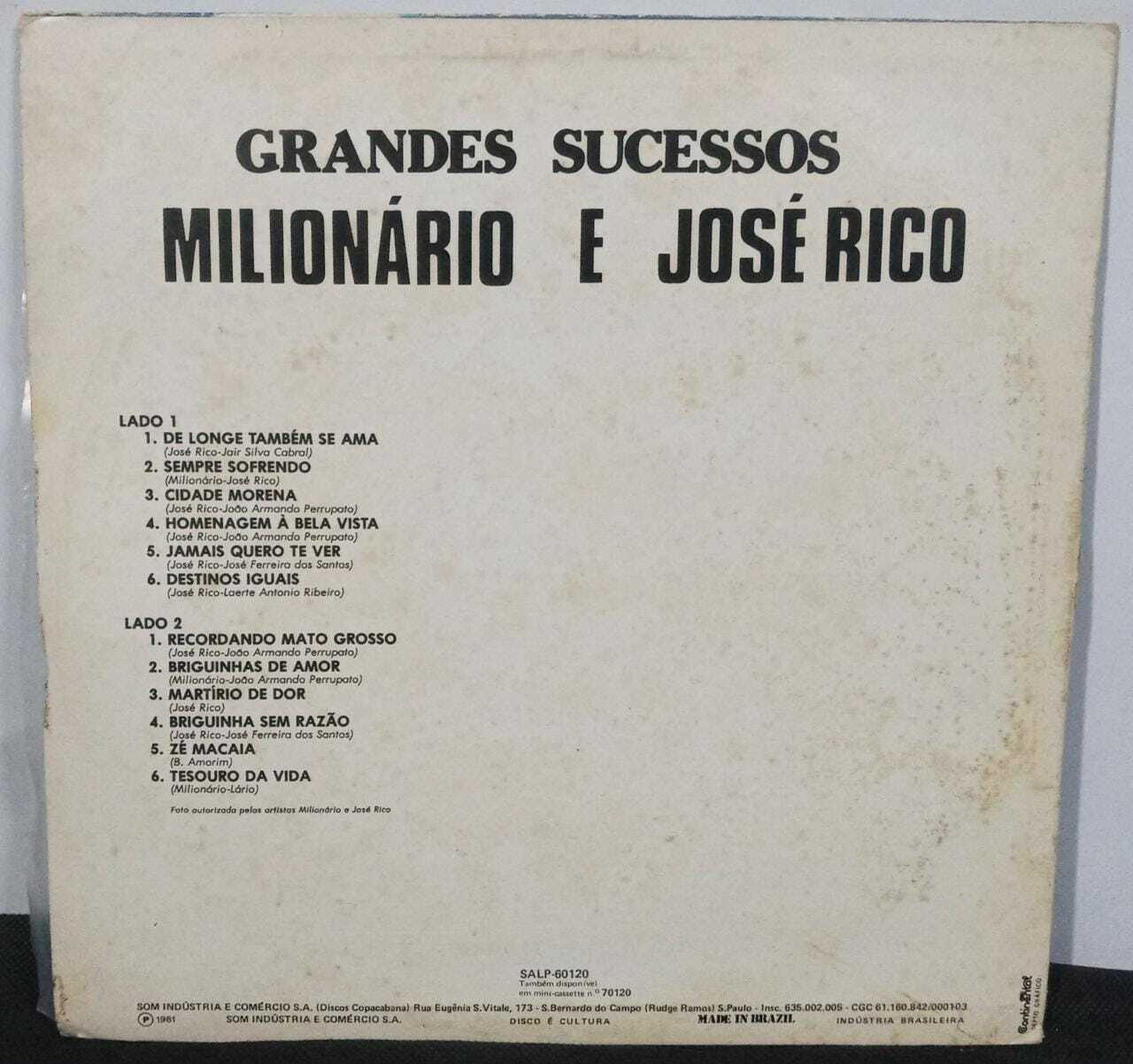 Vinil - Milionário e José Rico - Grandes Sucessos