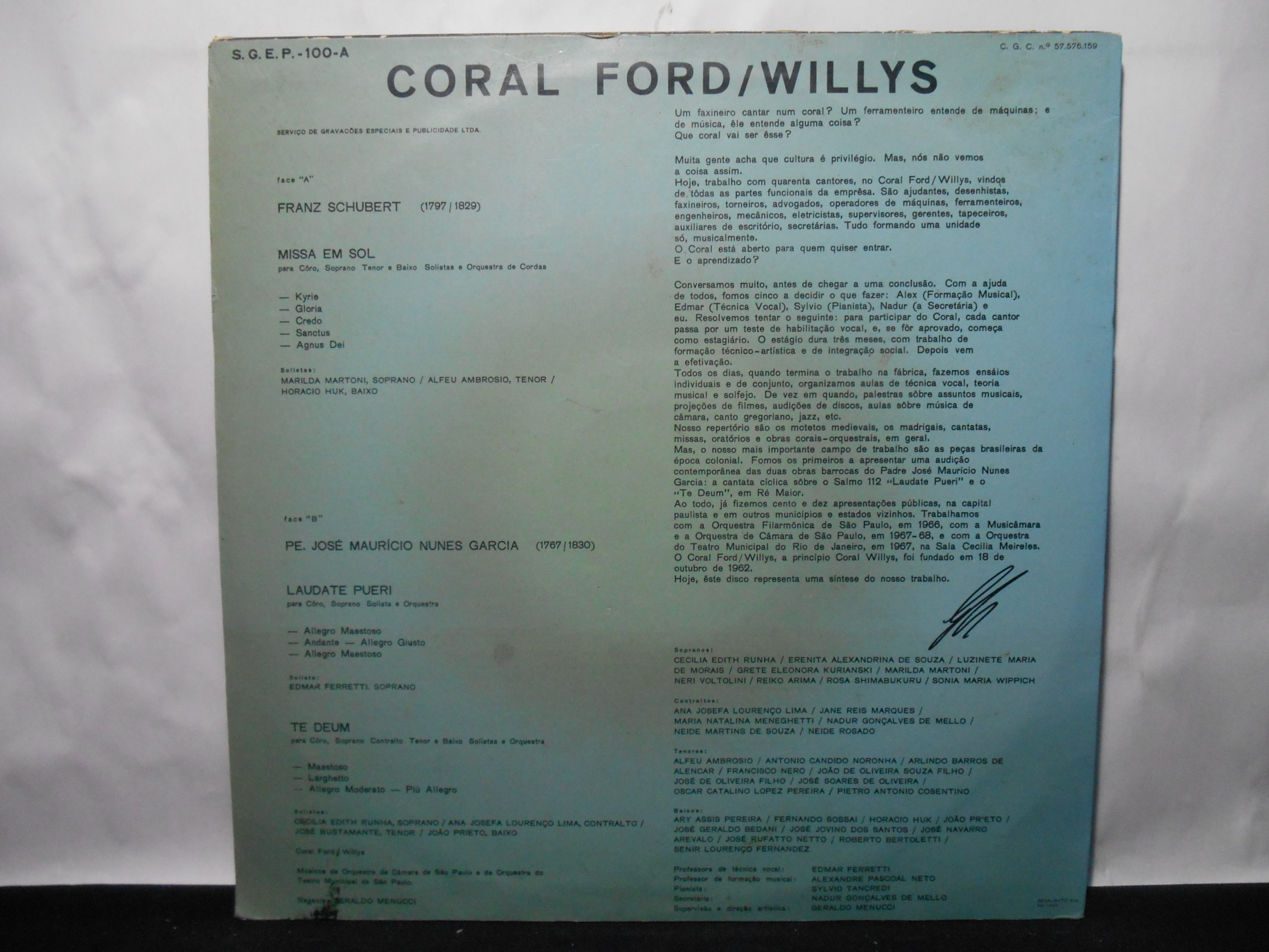 VINIL - Coral Ford e Willys e Integrantes Da Orquestra De Câmera De São Paulo - Franz Schubert / Pe José Maurício Nunes