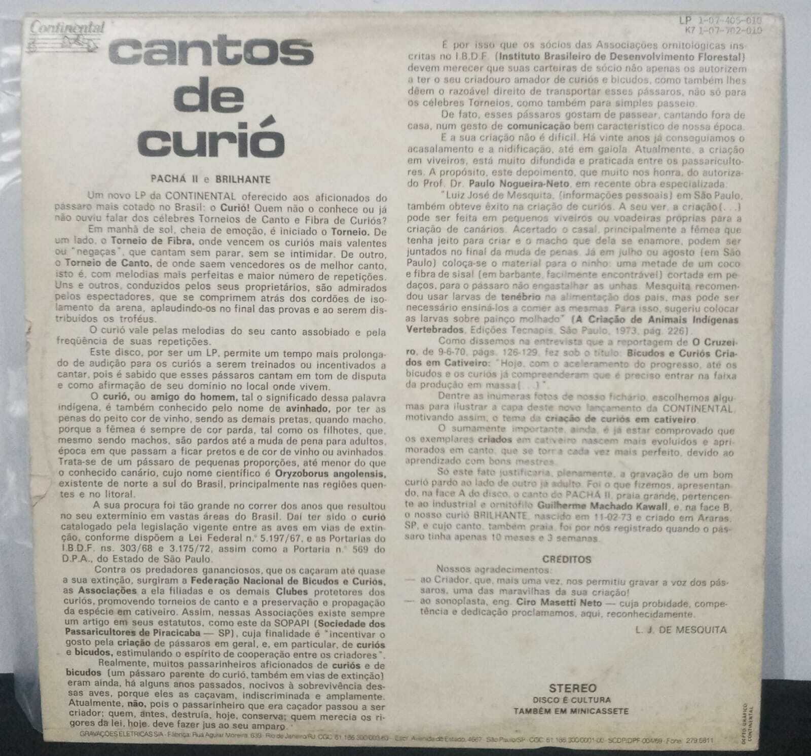 Vinil - Cantos De Curio - Curio Pacha II E Brilhante