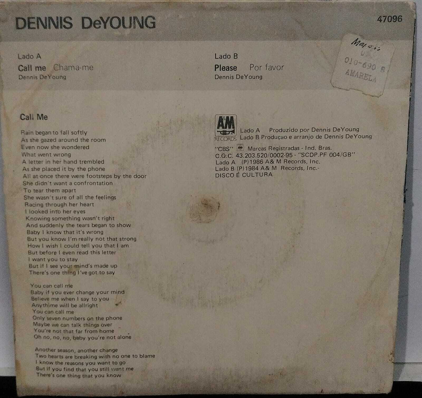 Vinil compacto - Dennis De Young - Call Me